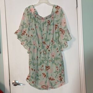 Peasant Indulge Mint Green Floral Off Shoulder Poly Romper Size XL Cottagecore